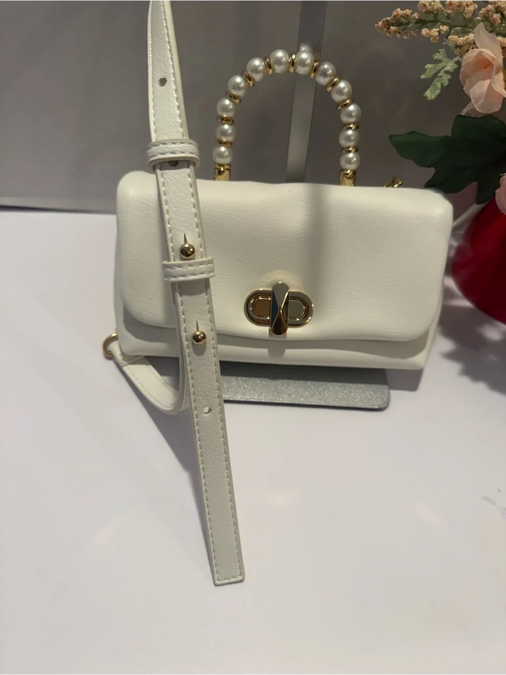 New INC Elegant White Pearl-Handle Vegan Crossbody Bag